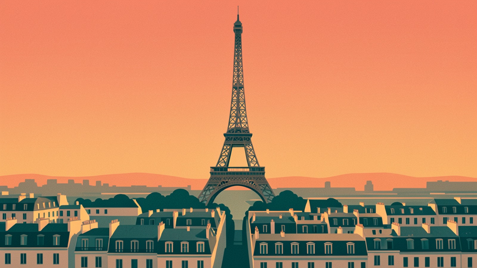 Illustration of the Eiffel Tower above Paris rooftops at golden hour