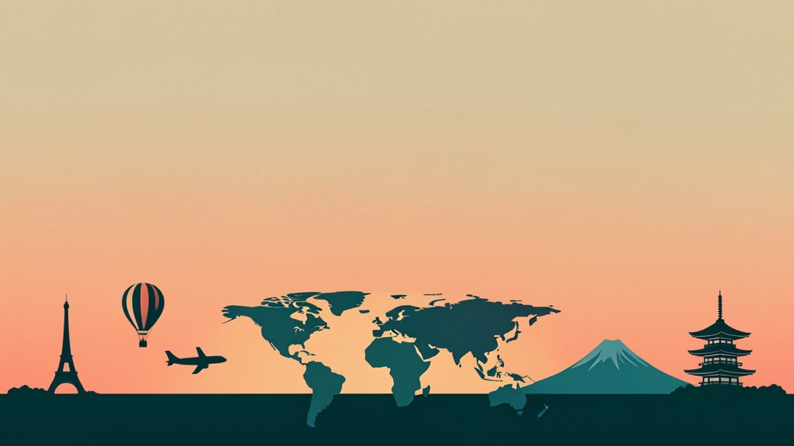 Illustrated horizon with famous world landmarks, an airplane and a hot-air balloon at dawn