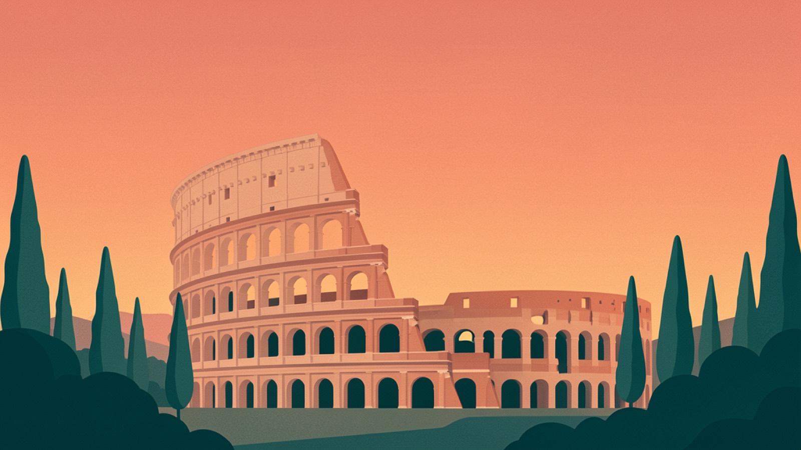Illustration of the Colosseum in Rome under a warm evening sky