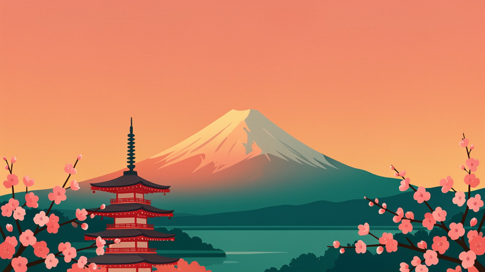 Illustration of Mount Fuji at dusk with a red pagoda and cherry blossoms