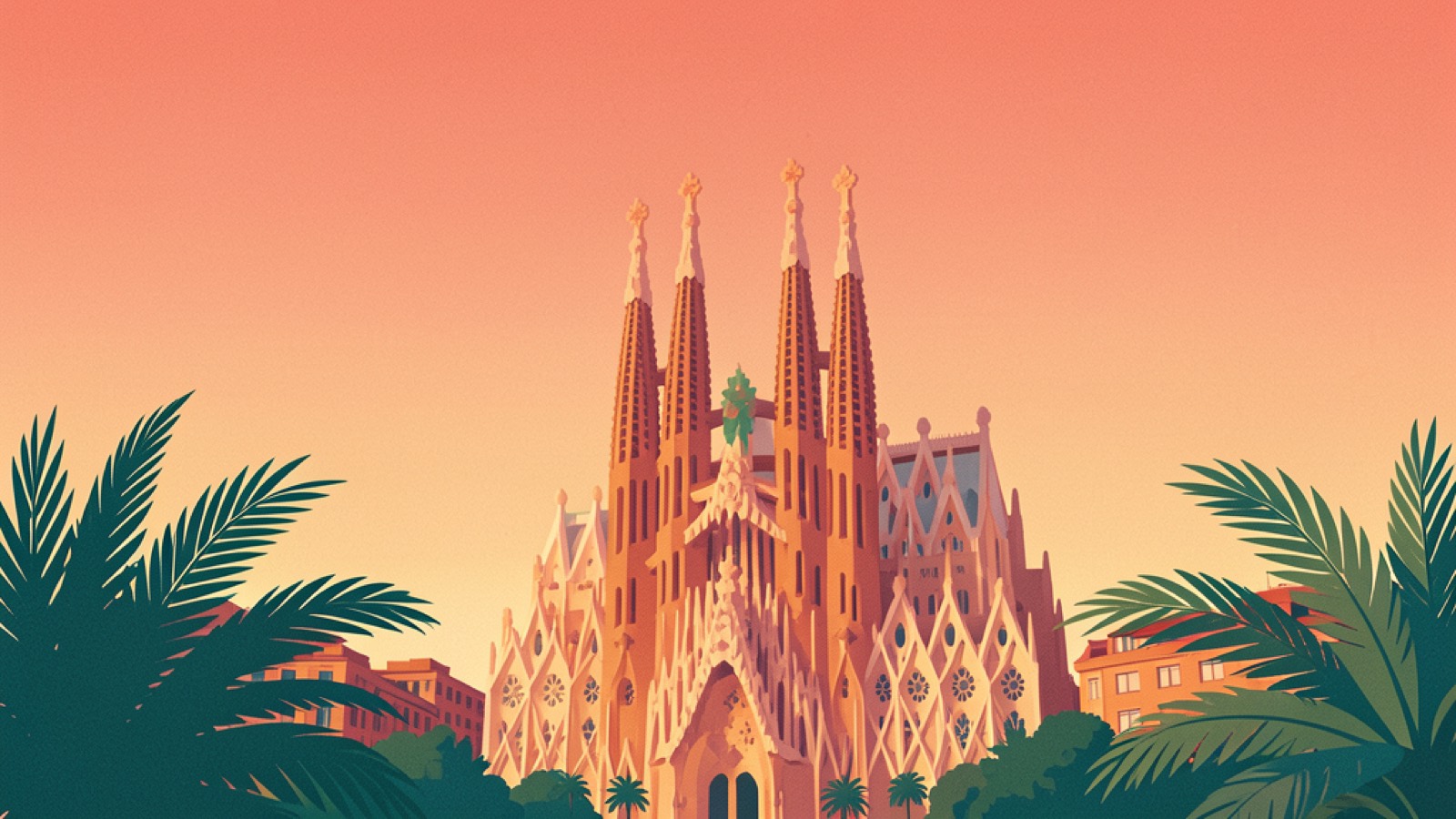 Illustration of the Sagrada Família in Barcelona in warm afternoon light
