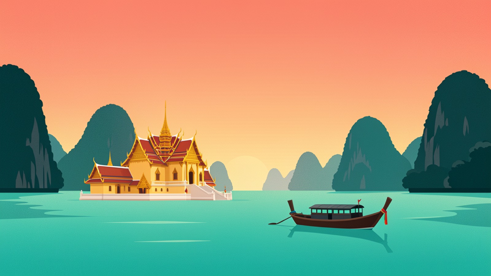 Illustration of a Thai temple and longtail boat on turquoise water